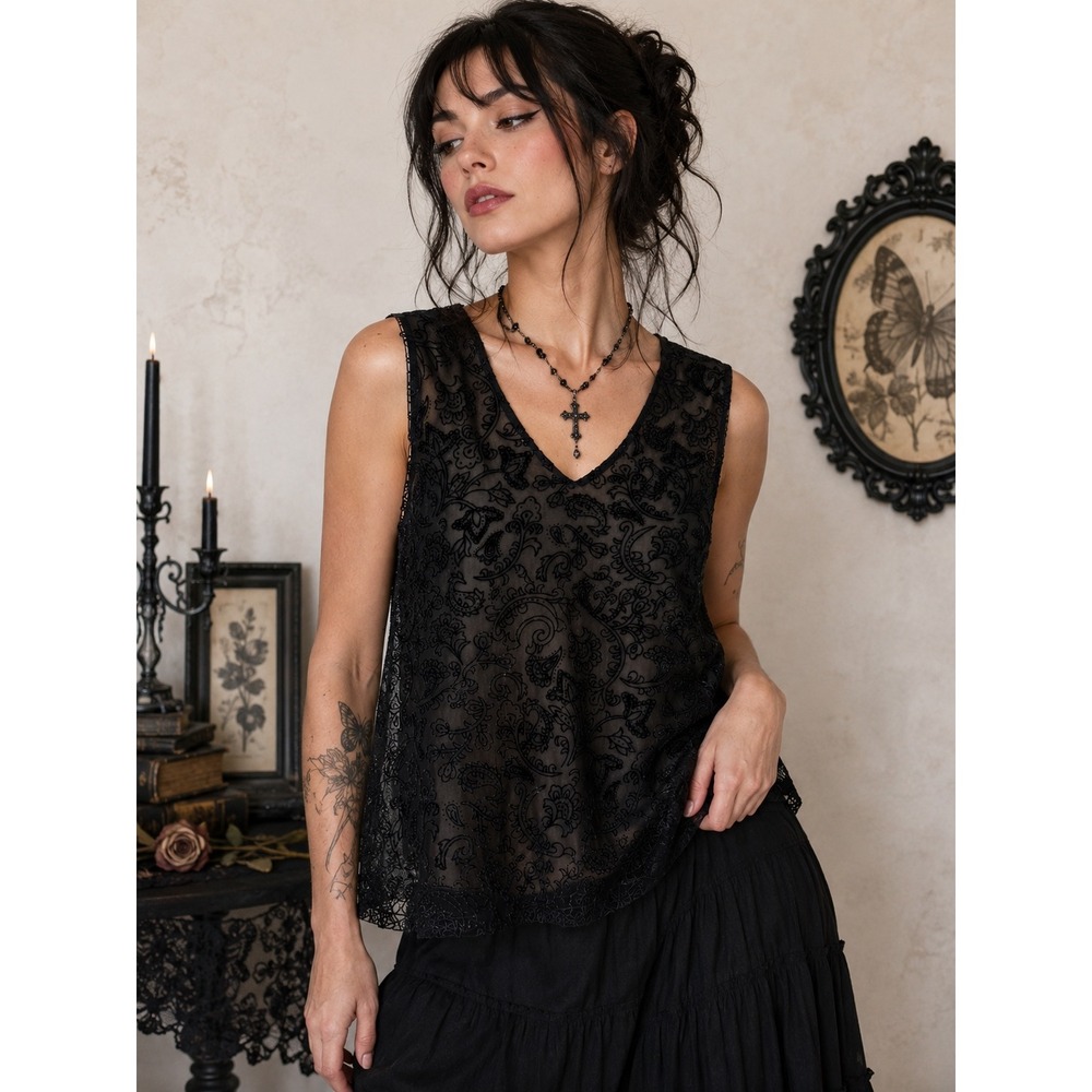 Apostrophe Tank Top Women Medium Black Velvet Flocked Mesh Whimsigoth Y2K Gothic